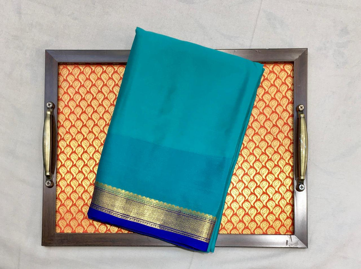 Bluish Cyan Mysore Silk Saree With Royal Blue Pallu