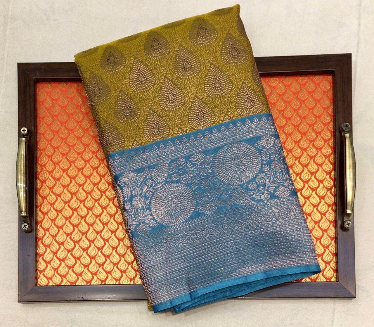 Brass Kanjivaram Silk Saree With Cool Blue Pallu