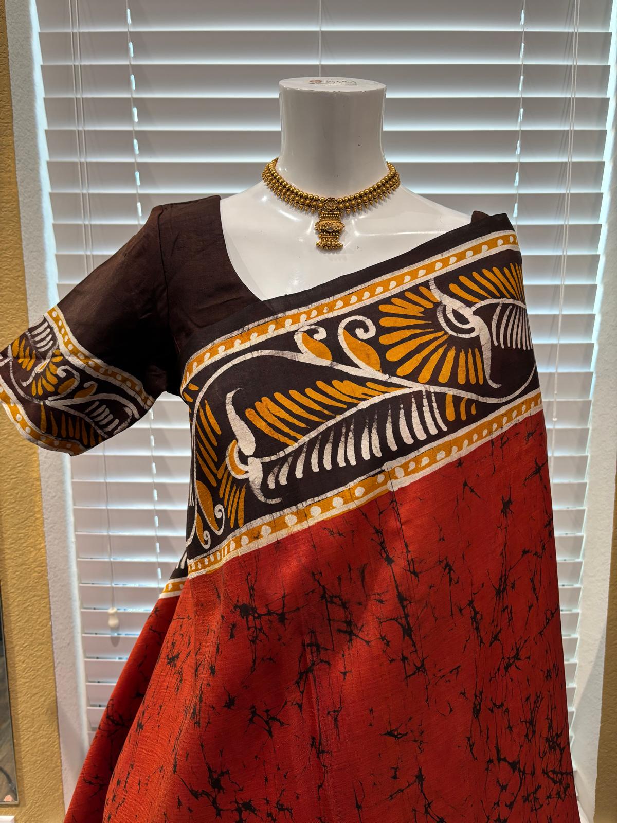 Brick Red Bengal Silk Saree With Stitched Blouse