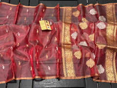 Brick Red Tissue Organza Saree