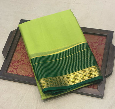 Bright Olive Green Mysore Silk Saree With Dark Green Pallu