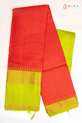 Bright Red Saree with Green temple border  Kanjivaram Silk Sari