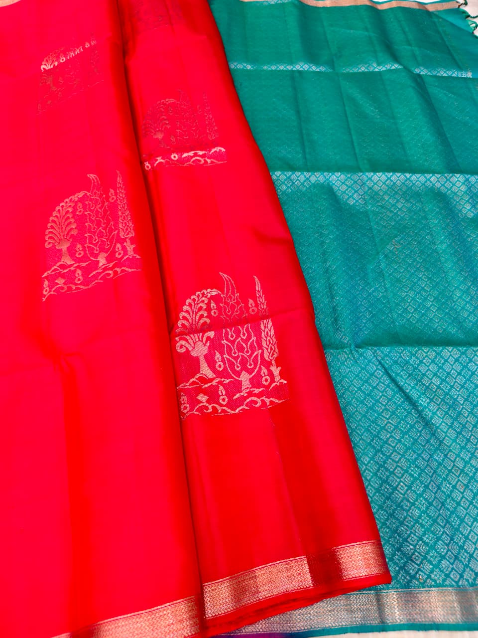 Bright Red Soft Silk Saree with Teal Pallu
