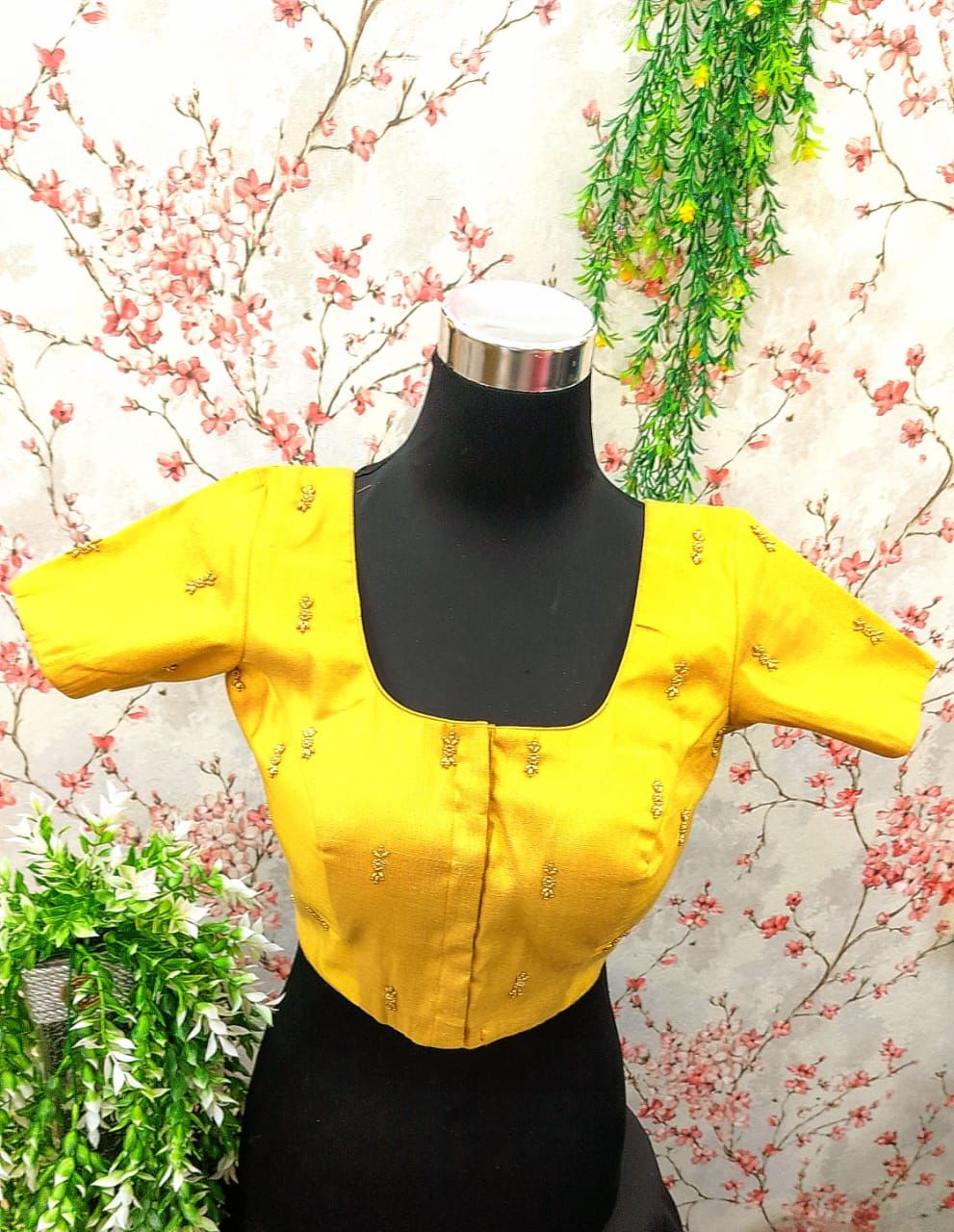 Bright Yellow Saree Blouse with Gold Butta Work