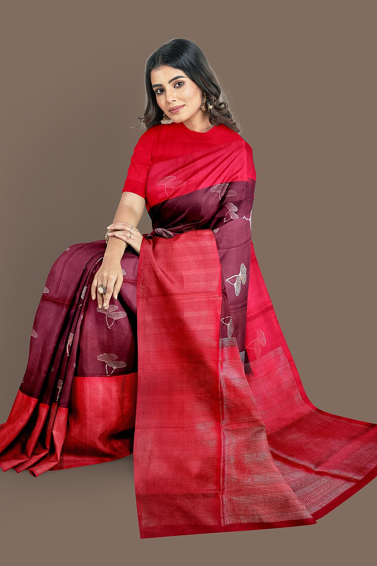 Brown with Maroon soft silk saree