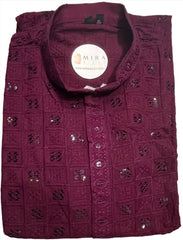 Burgundy Men's Sequins Chikankari Kurta Set