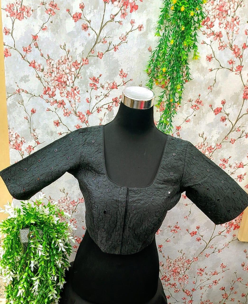 Charcoal Black Saree Blouse with Black Embroidery