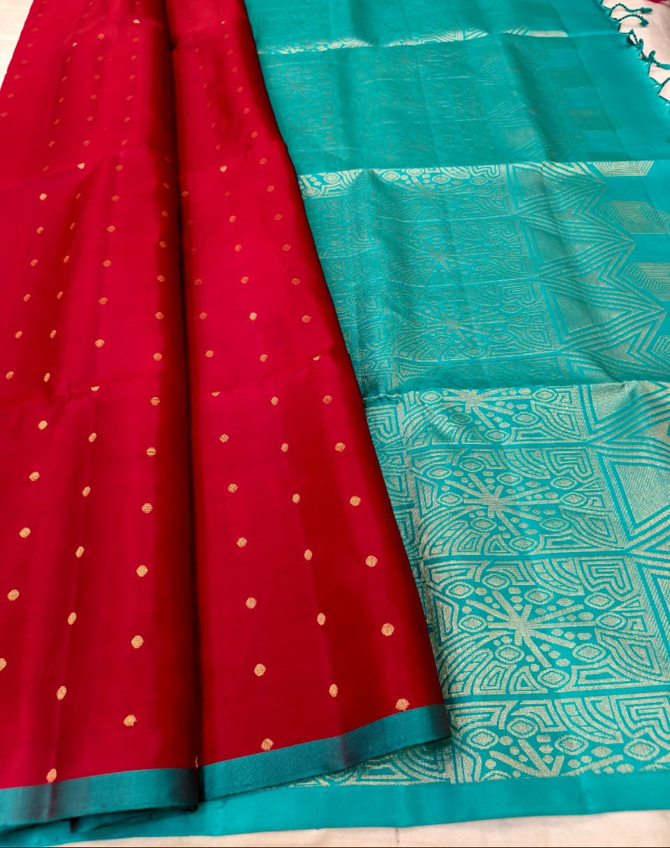 Cherry Red Soft Silk Saree with Teal Blue Pallu and Border
