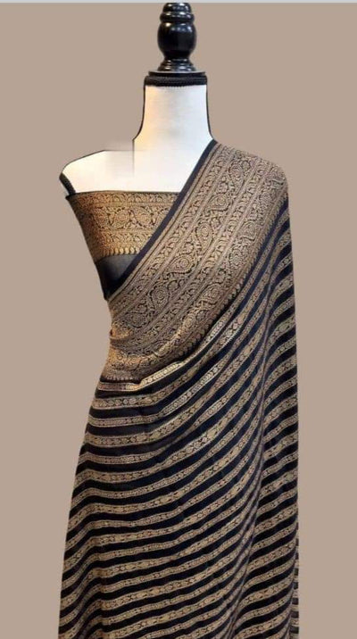 Black & Gold Banarasi Georgette Saree - MIRASILKS Black & Gold Banarasi Georgette Saree 