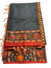 Cloudy Grey Ghicha Tussar Saree With Pastel Red Blouse