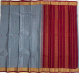 Cloudy Grey Kanjivaram Saree with Wine Red Pallu