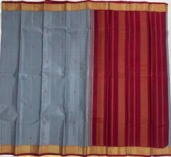 Cloudy Grey Kanjivaram Saree with Wine Red Pallu