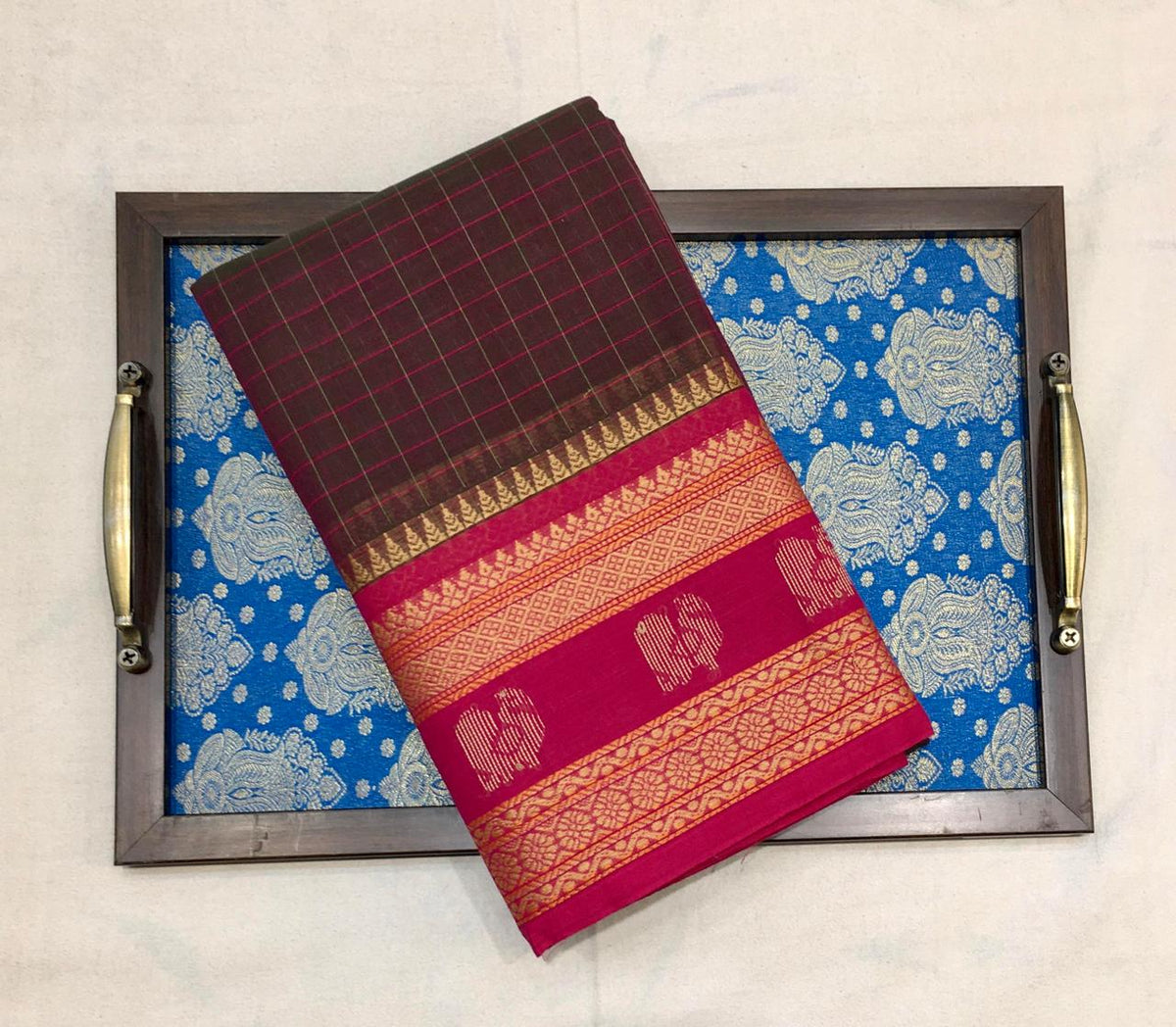 Coffee Checkered Korvai Cotton Saree Mulberry Border