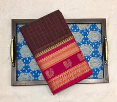 Coffee Checkered Korvai Cotton Saree Mulberry Border