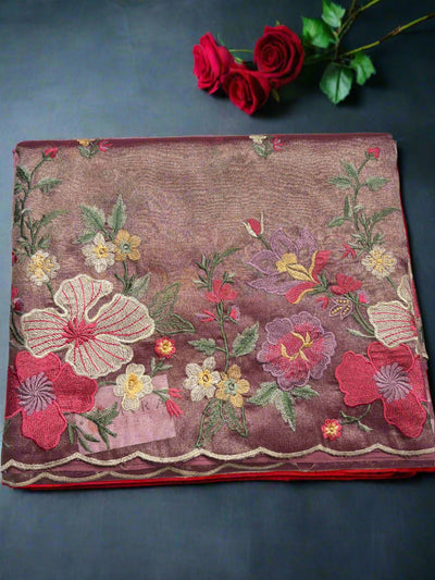 Copper Rose Floral Pattern Organza Saree - MIRASILKS Copper Rose Floral Pattern Organza Saree 