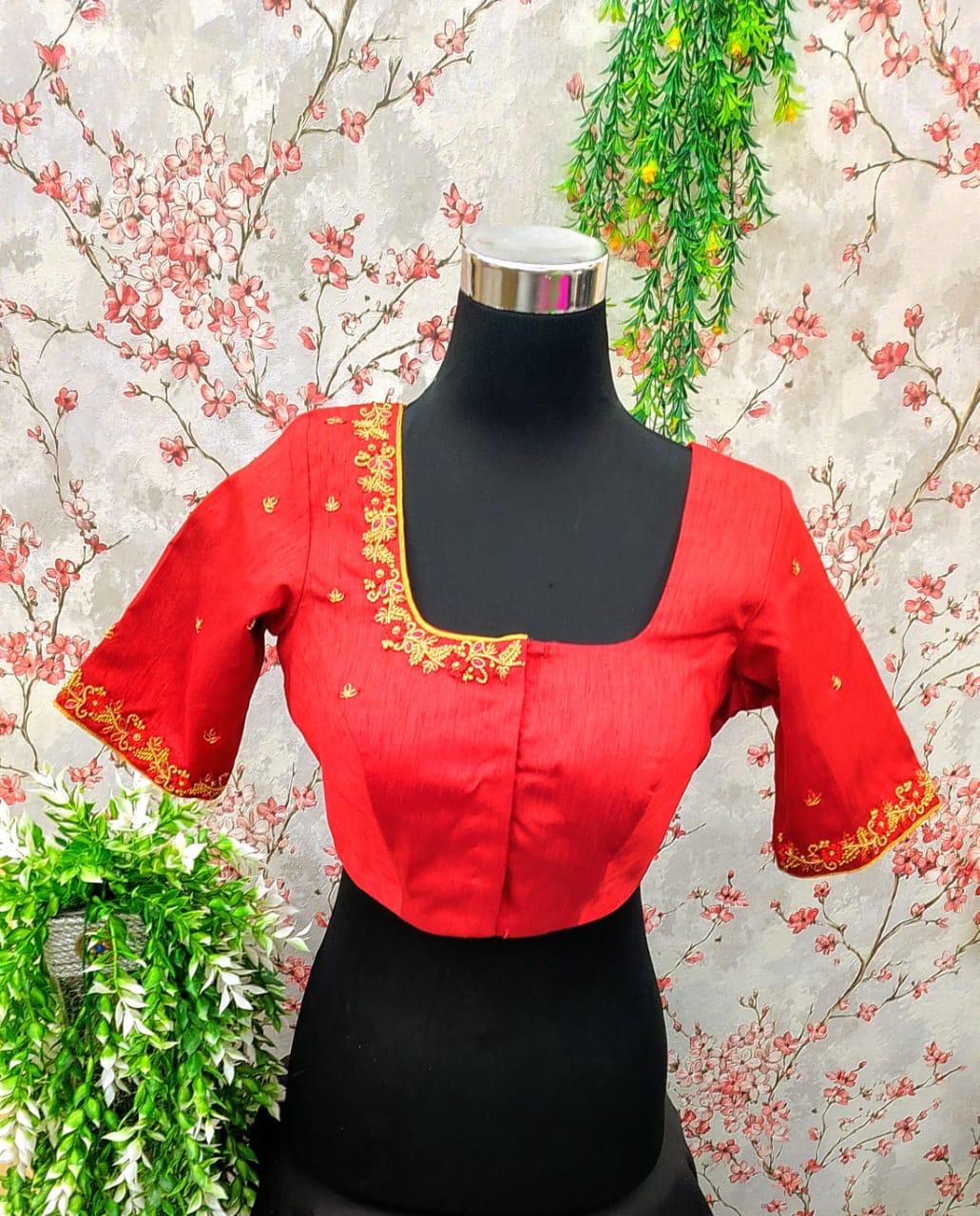 Coral Red Saree Blouse with Aari Work