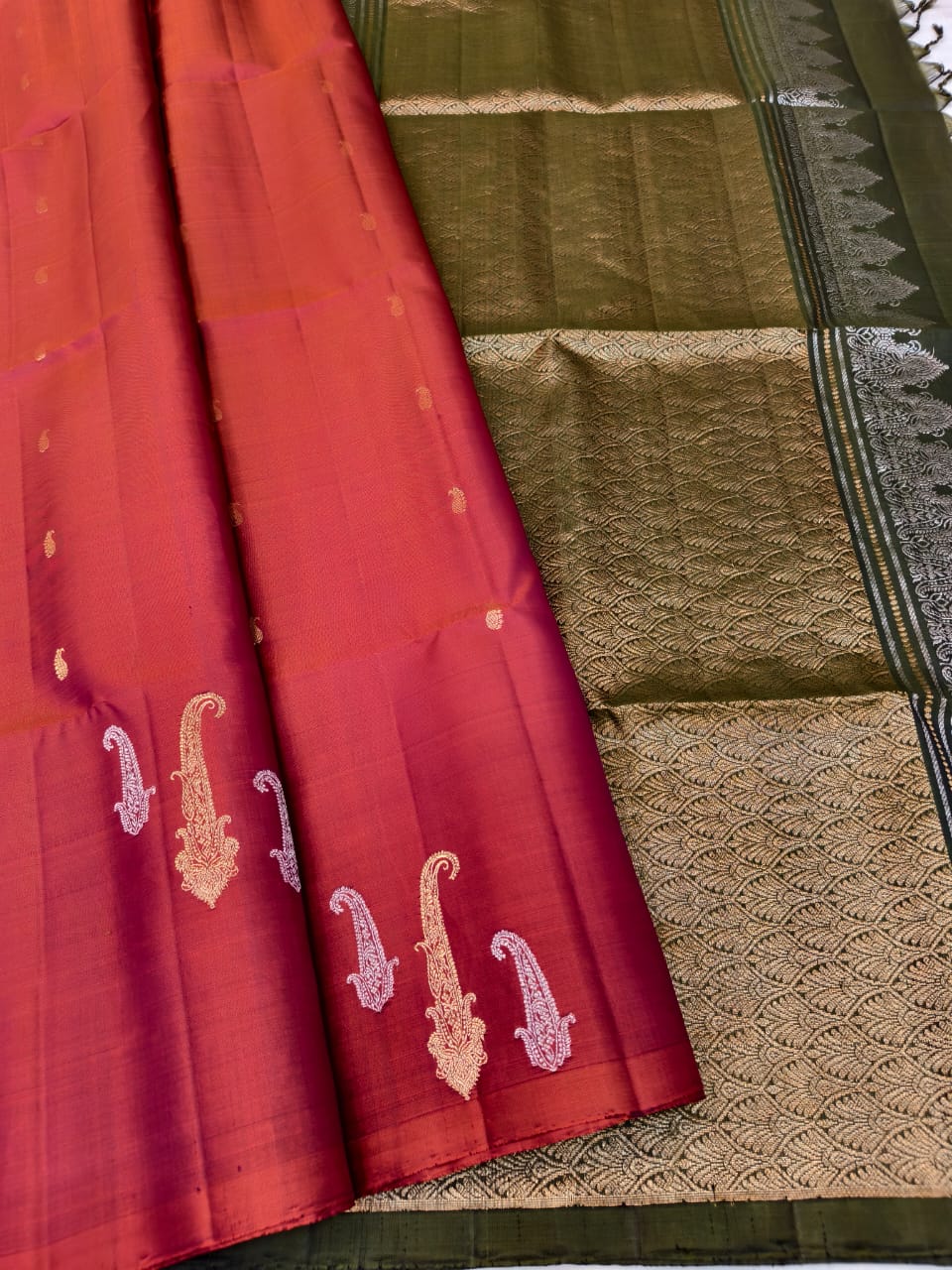 Coral Red Soft Silk Saree with Olive Black Pallu