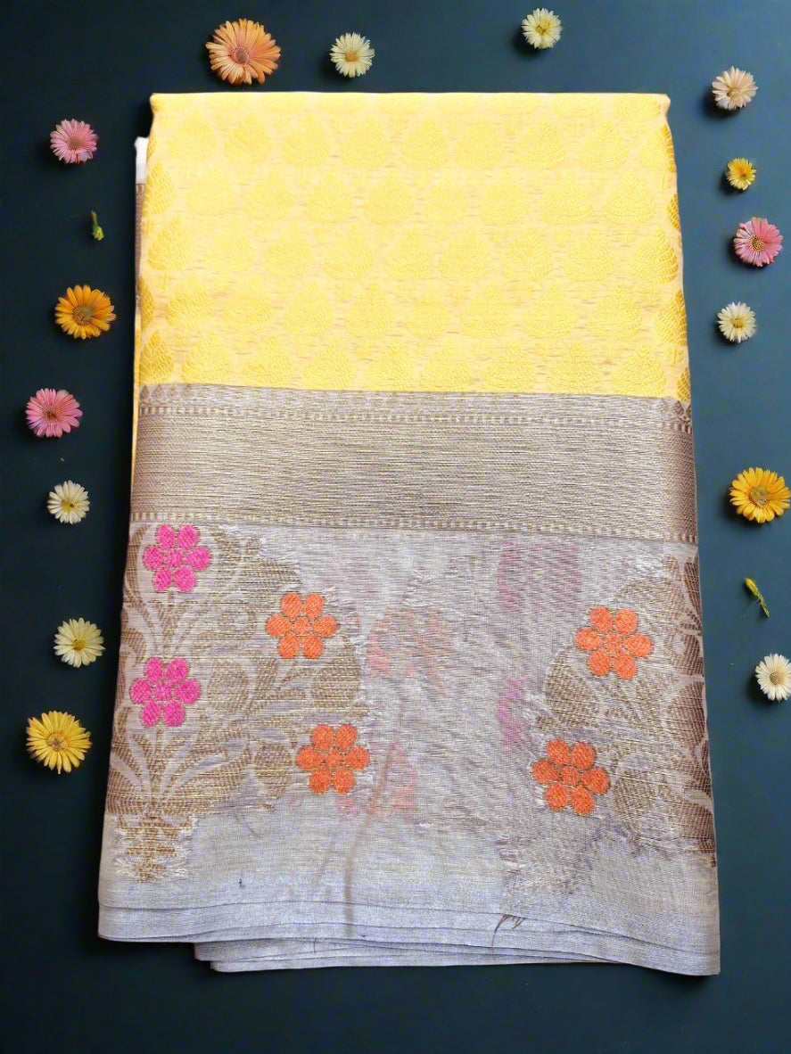 Corn Yellow Banarasi Semi Silk Saree with Grey Floral Border