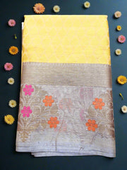 Corn Yellow Banarasi Semi Silk Saree with Grey Floral Border