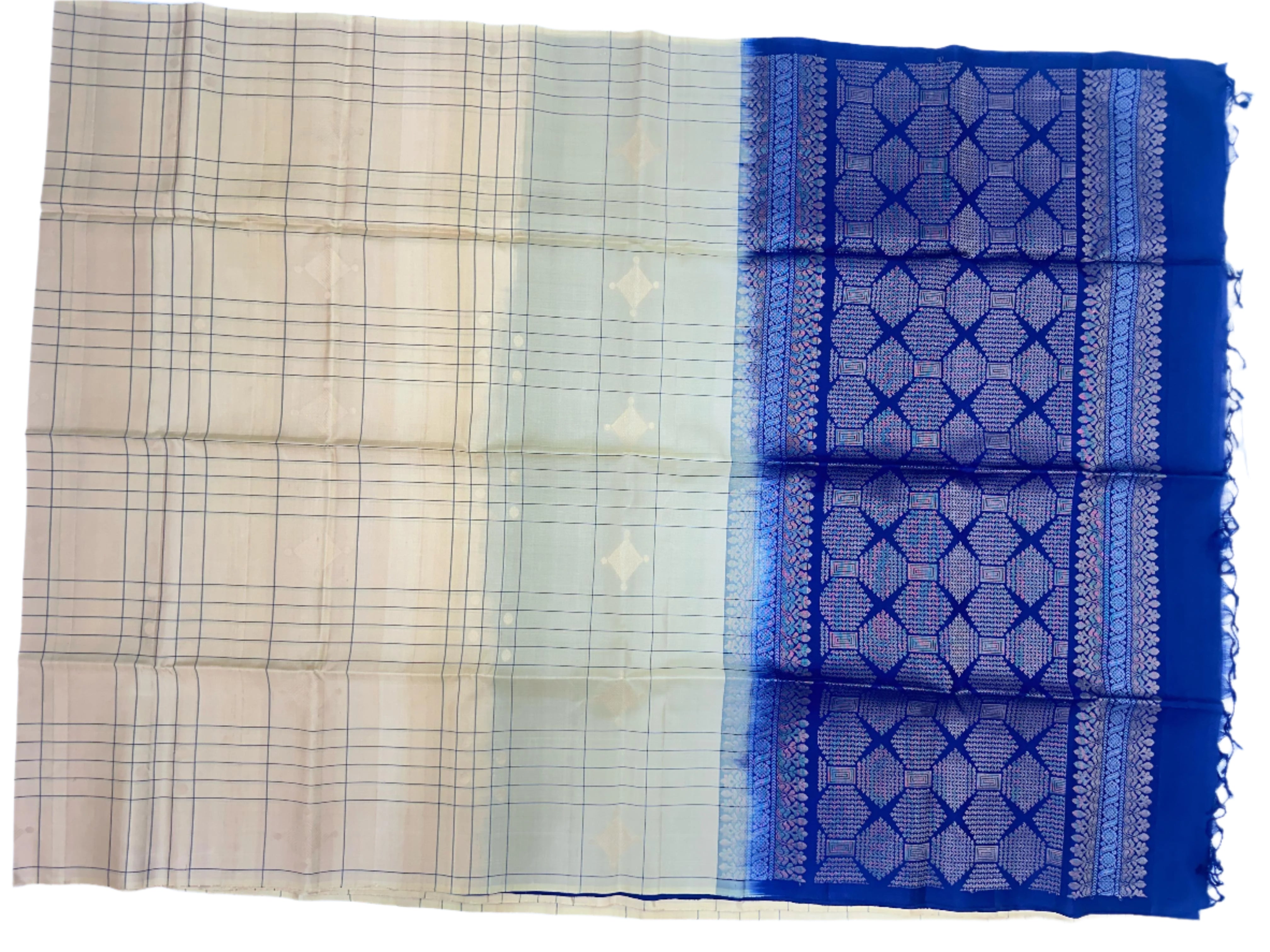 Cream Soft Silk Saree With Dark Blue Pallu