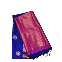 Dark Denim Blue Semi Silk Saree with Magenta Pallu and Blouse