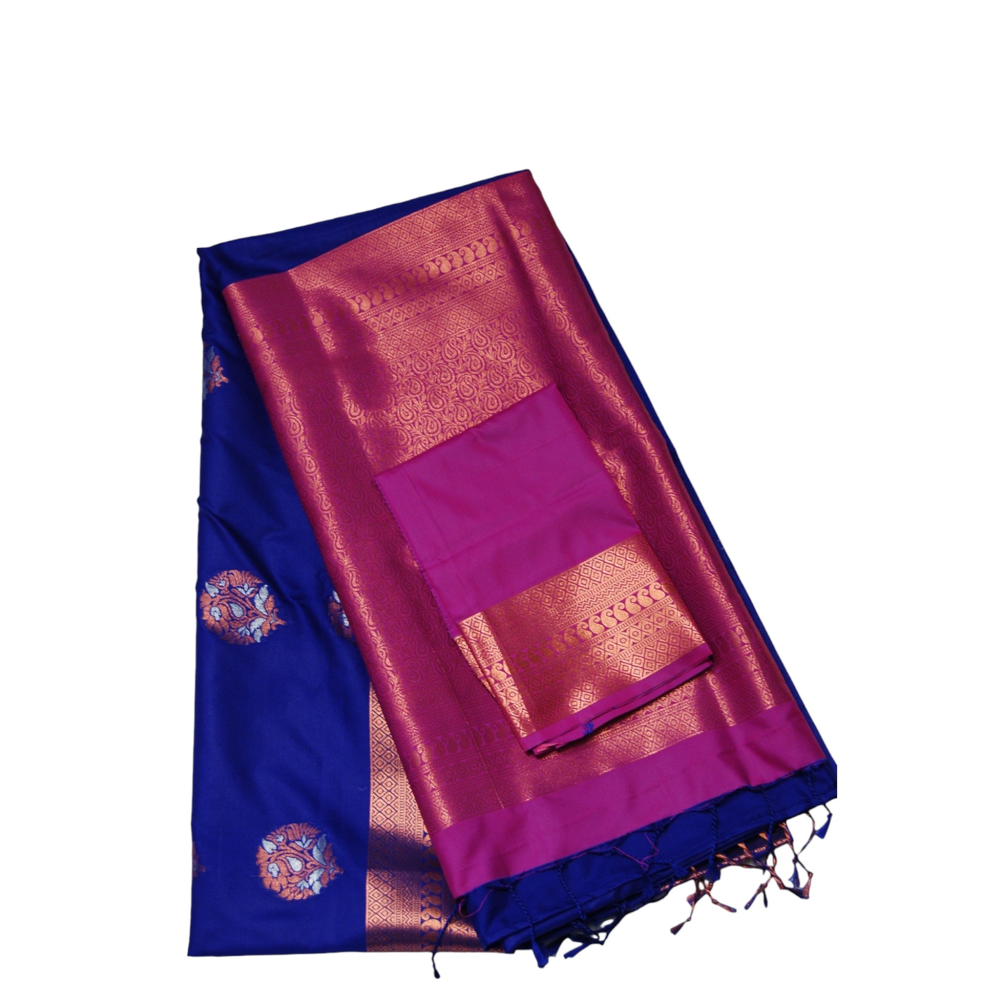 Dark Denim Blue Semi Silk Saree with Magenta Pallu and Blouse
