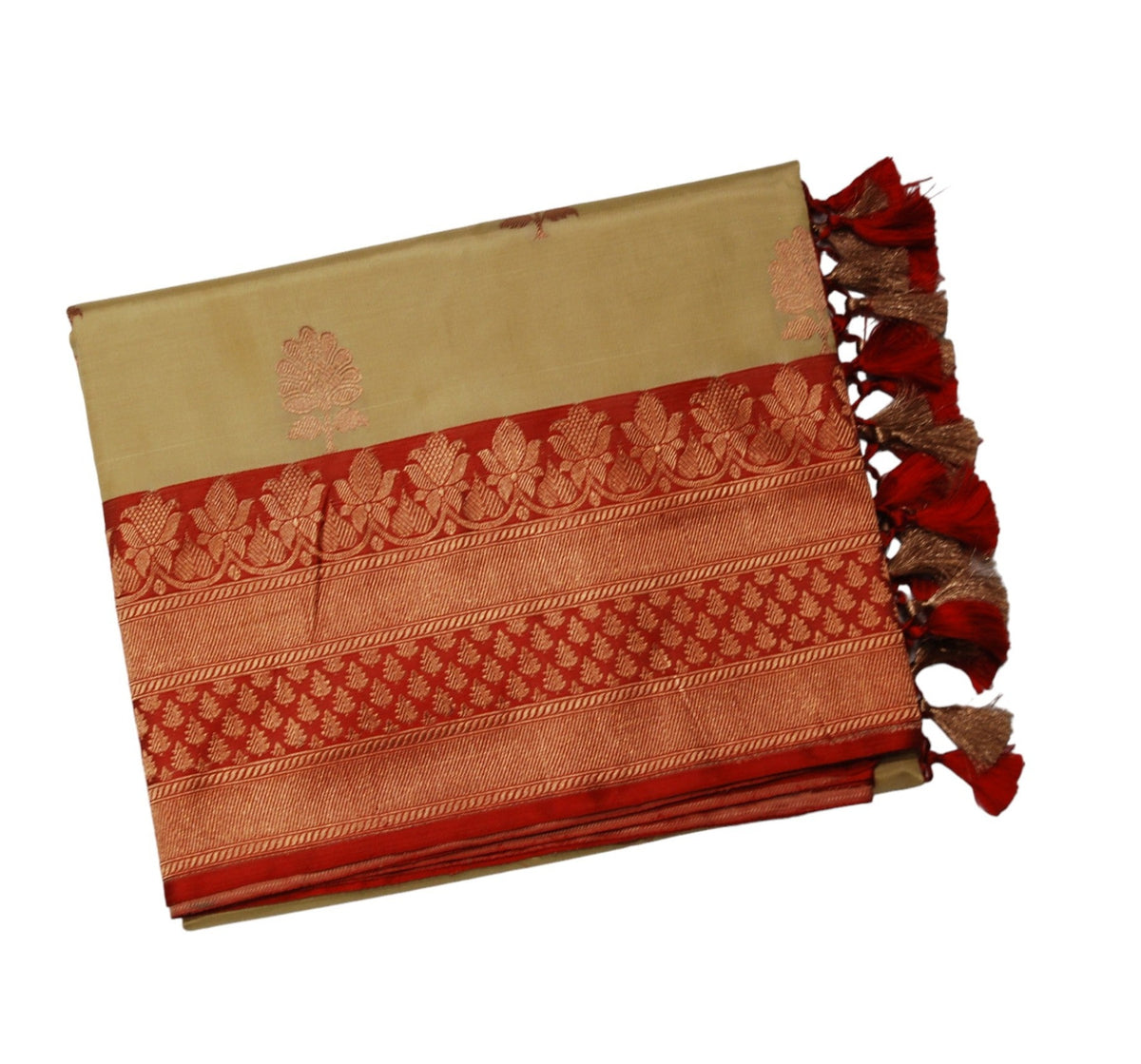 Beige Banaras Katan Silk Saree With Red Border