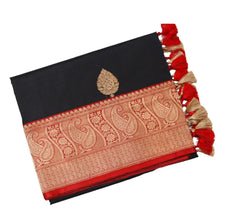 Coal Black Banaras Katan Silk Saree With Red Border