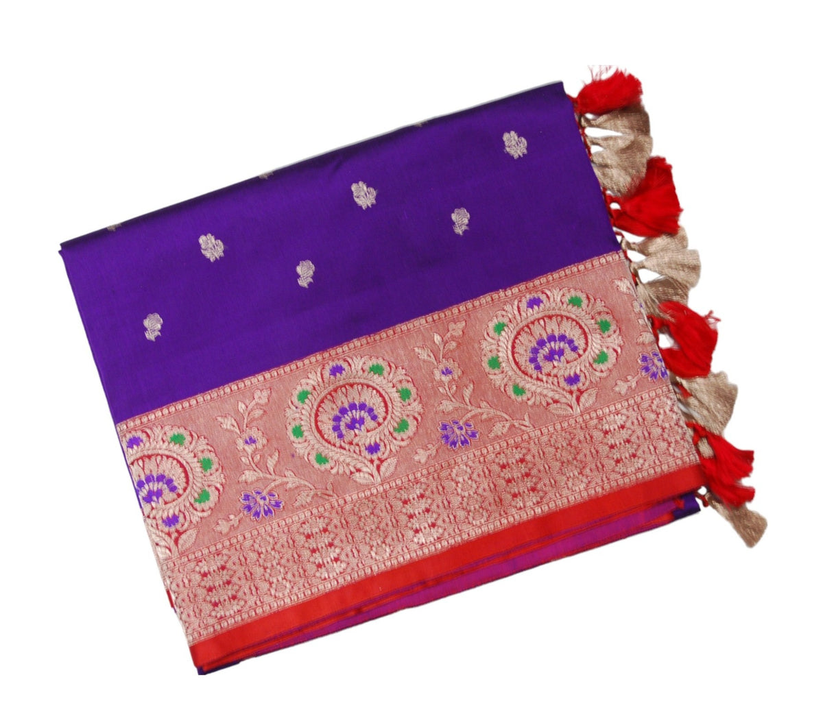 Violet Banaras Katan Silk Saree With Red Border