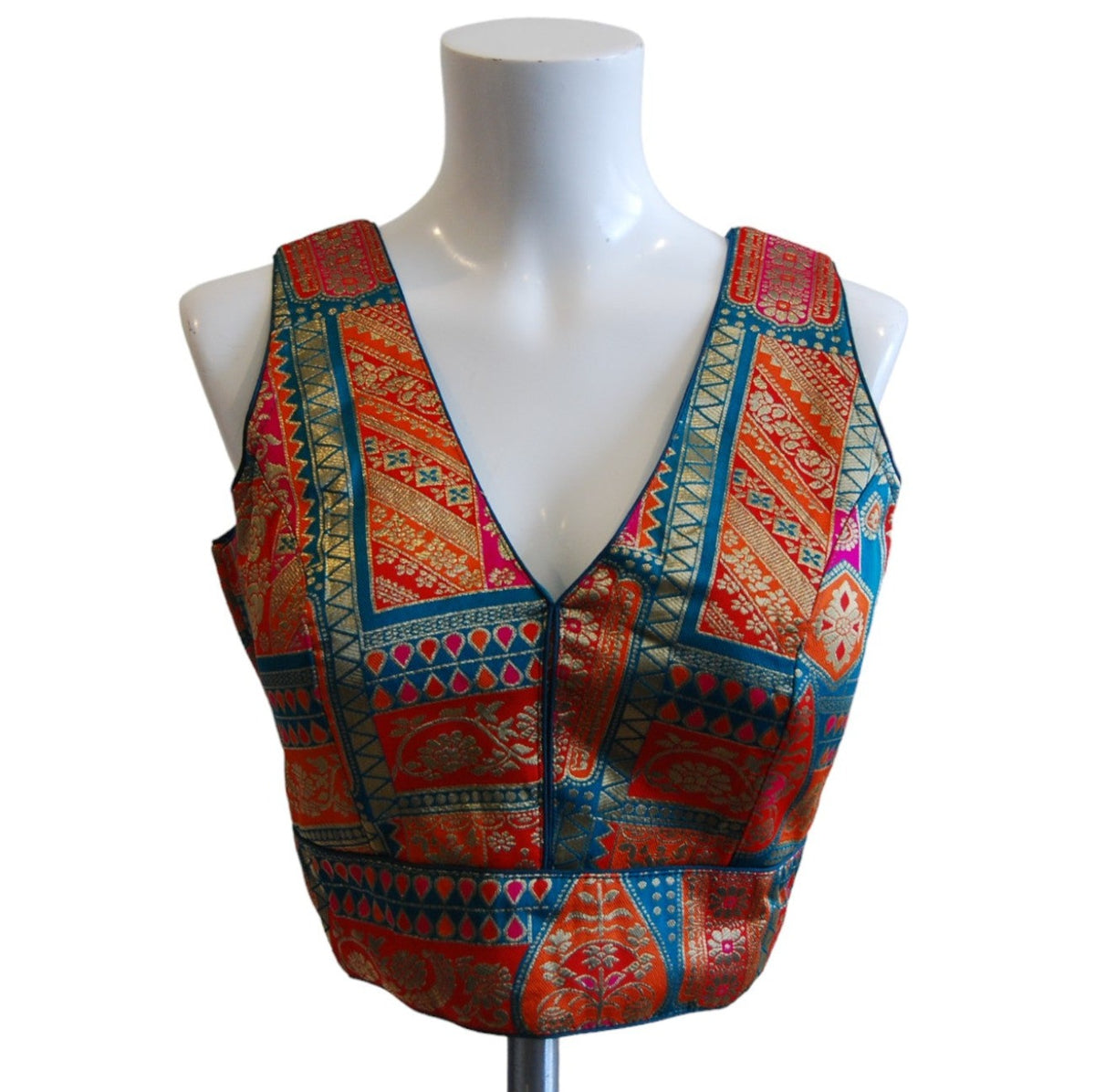 Banarasi Readymade Blouse with Blue, Orange & Gold Combo