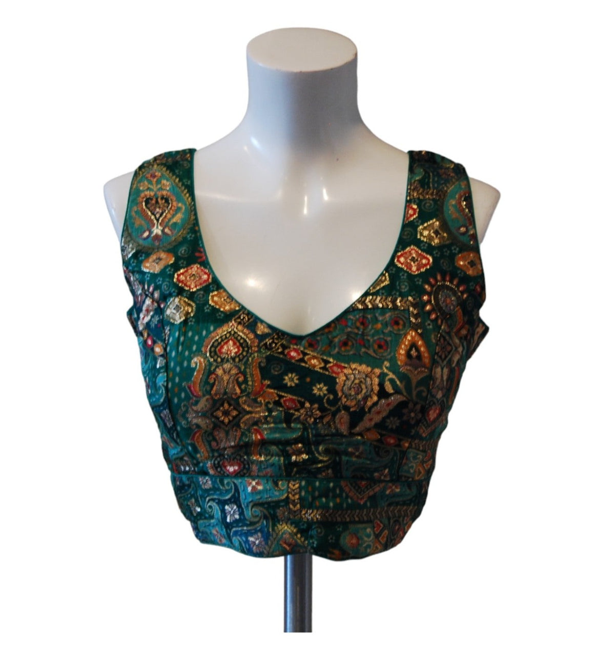 Dark Green Readymade Blouse with Gold Patterns