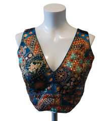 Electric Blue Readymade Blouse with Gold & Orange Patterns