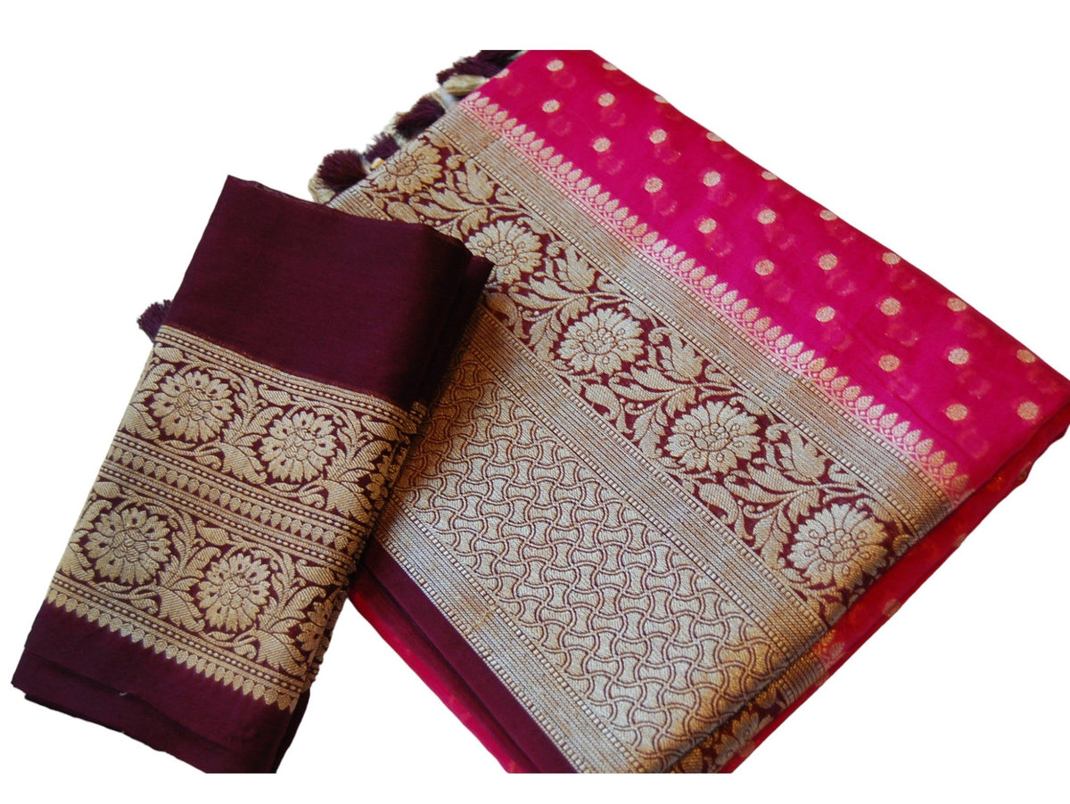 Deep Pink Banaras Saree With Wine Border