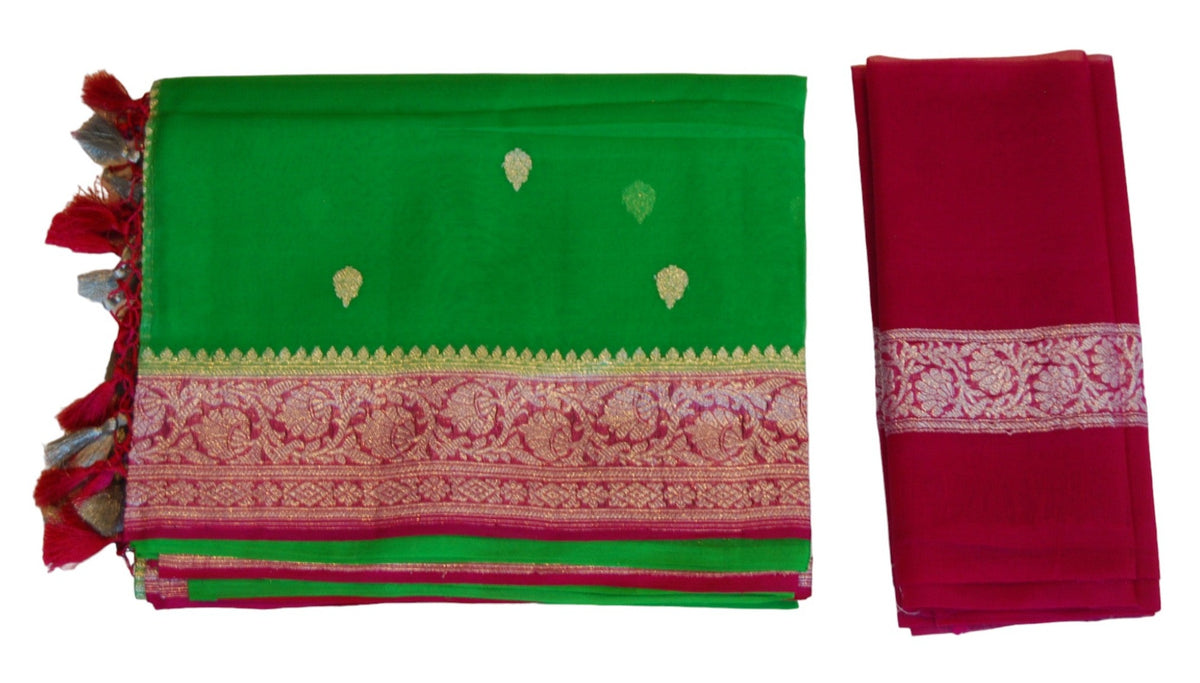 Parrot Green Banaras Chiffon Saree With Hot pink Border - MIRASILKS Parrot Green Banaras Chiffon Saree With Hot pink Border 