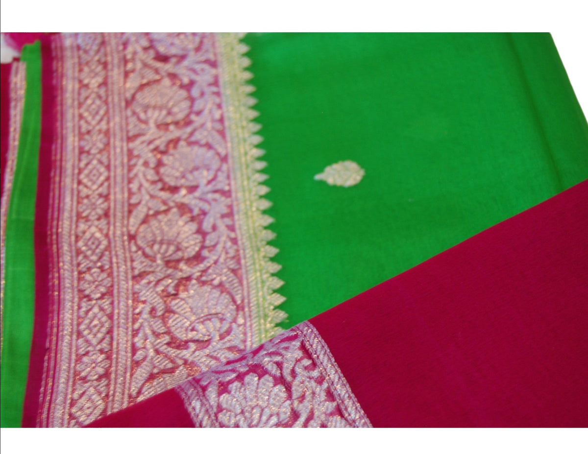 Parrot Green Banaras Chiffon Saree With Hot pink Border