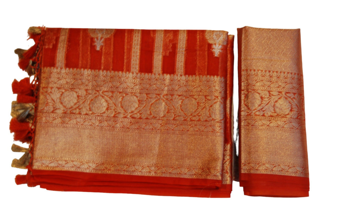 Fiery Orange Banaras Saree With Gold Zari Border