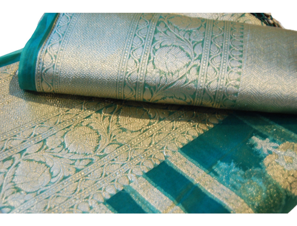 Deep Sea Green Banaras Saree With Champagne Gold Zari Border