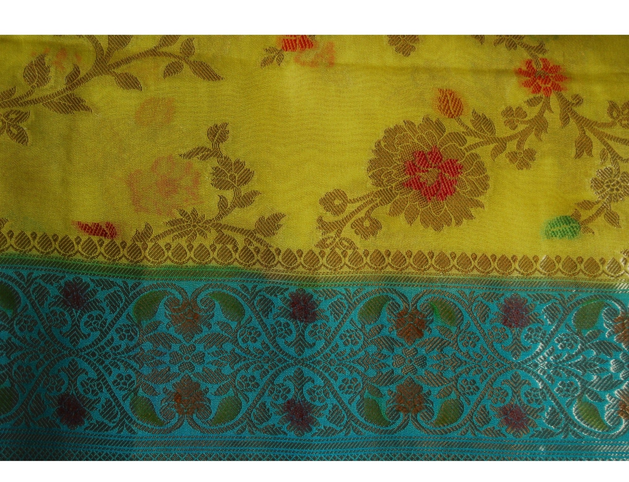 Yellow with teal Banaras Jaal Chiffon Saree