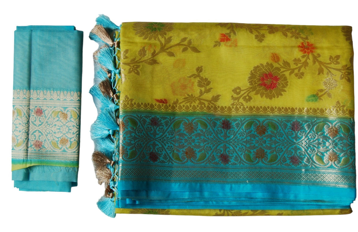 Yellow with teal Banaras Jaal Chiffon Saree