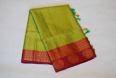 Lemon Green Banarasi Semi Silk Saree with Burgundy Border