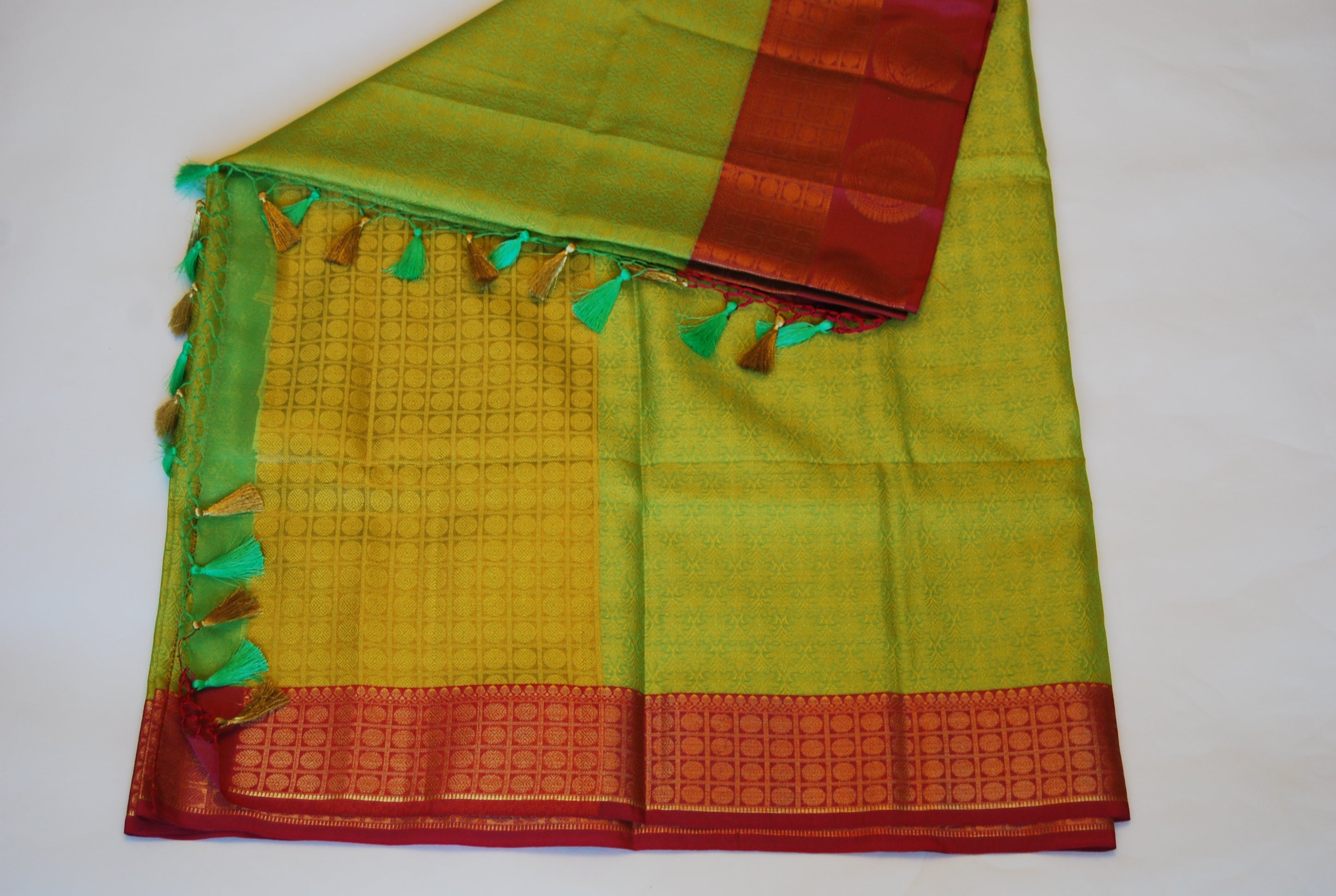 Lemon Green Banarasi Semi Silk Saree with Burgundy Border