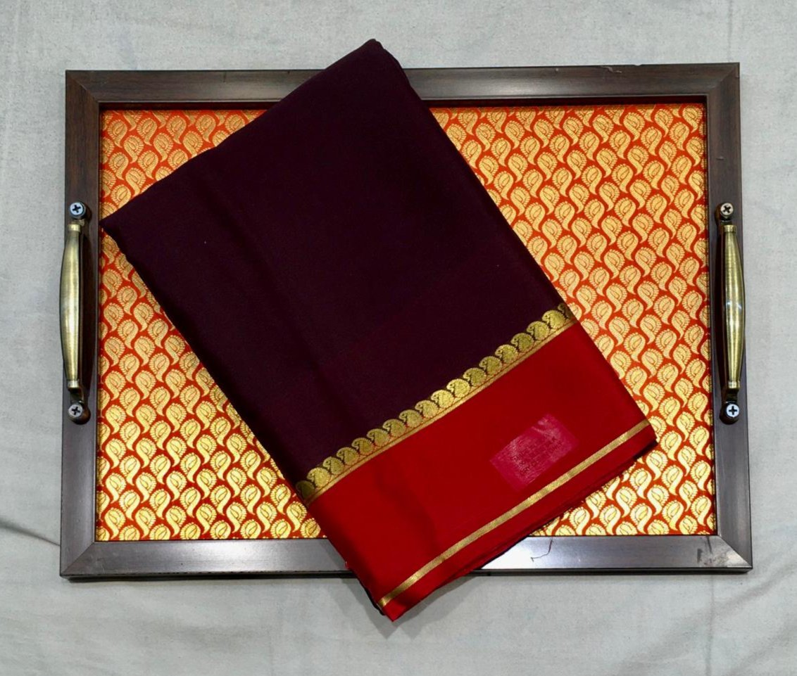 Dark Brown Mysore Silk Saree With Red Pallu