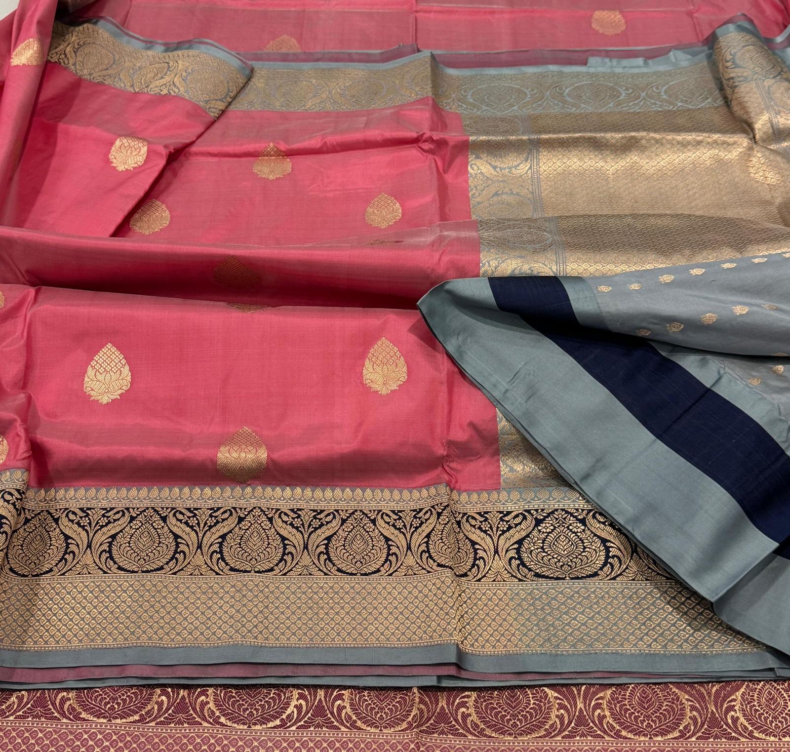 Dark Coral Banaras Katan Saree with Grey Border