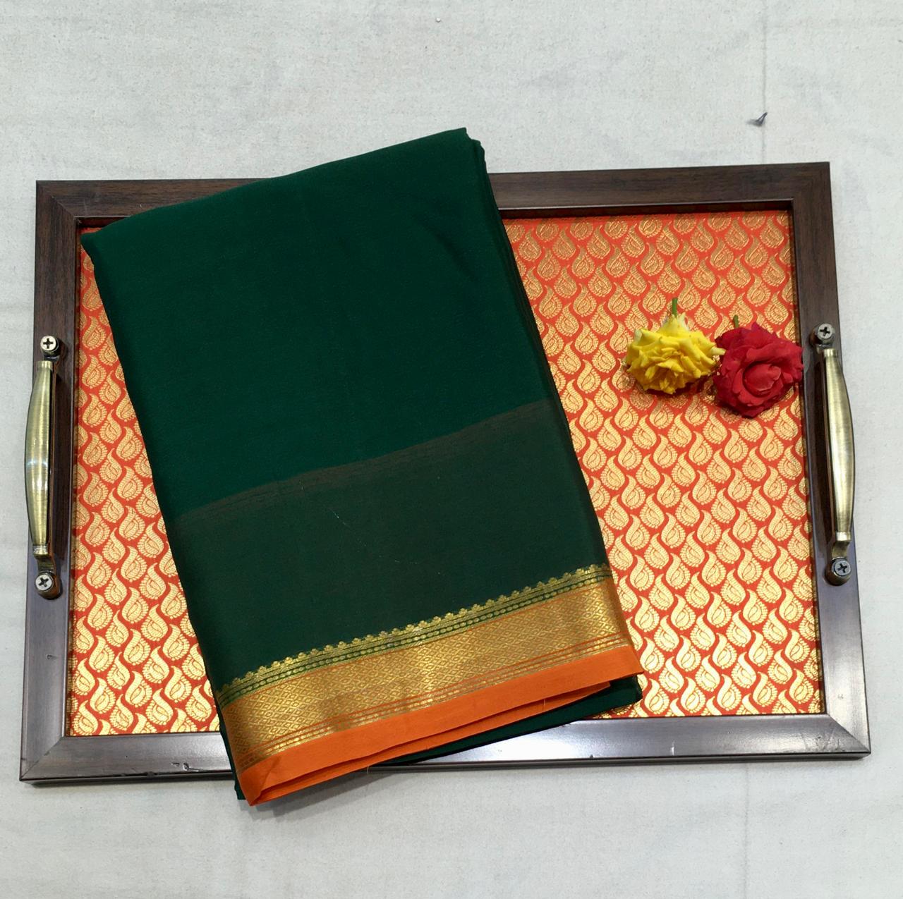 Dark Green Checkered Mysore Silk Saree With Rust Orange Pallu
