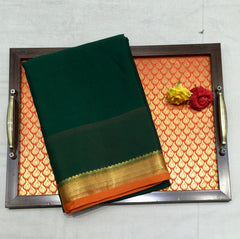 Dark Green Checkered Mysore Silk Saree With Rust Orange Pallu