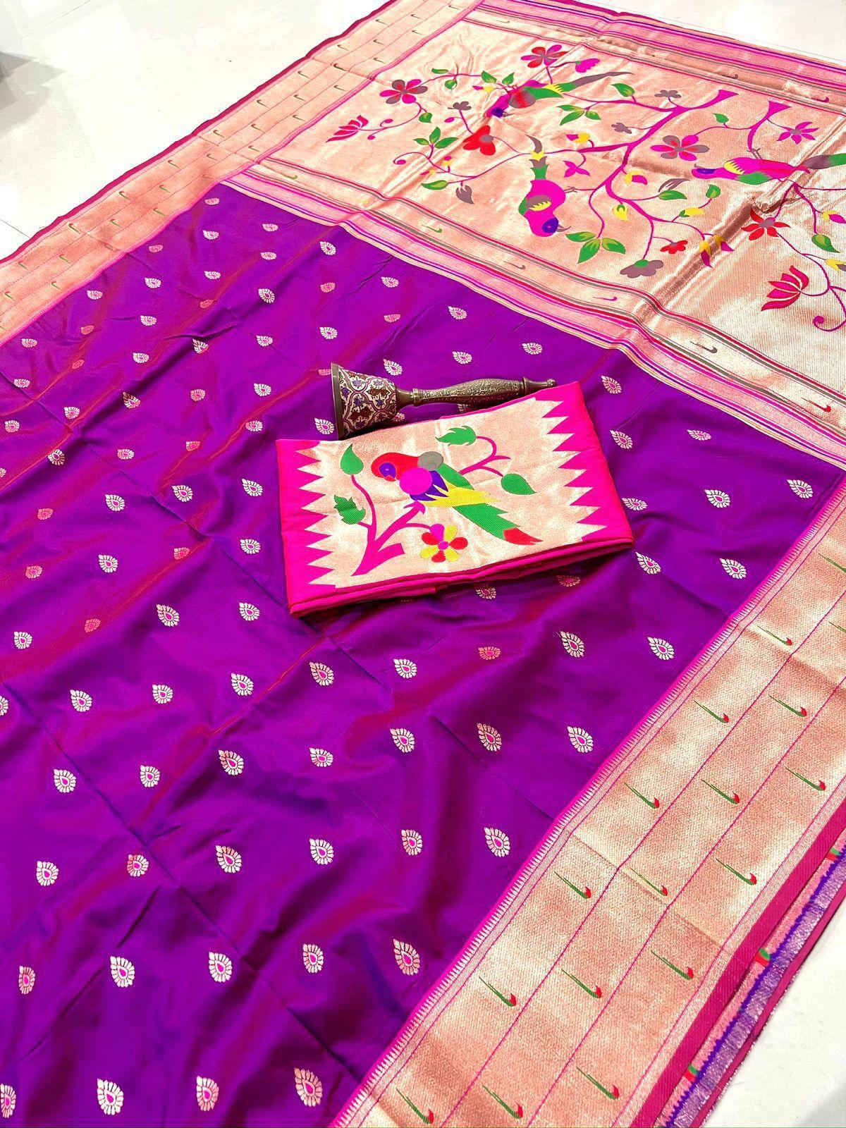 Dark Magenta Semi Silk Saree with Gold Zari Floral Pallu