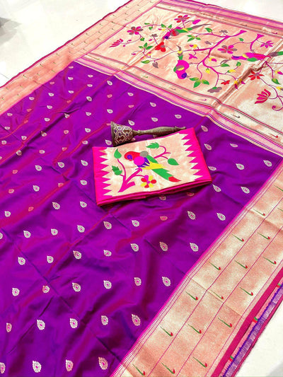 Dark Magenta Semi Silk Saree with Gold Zari Floral Pallu