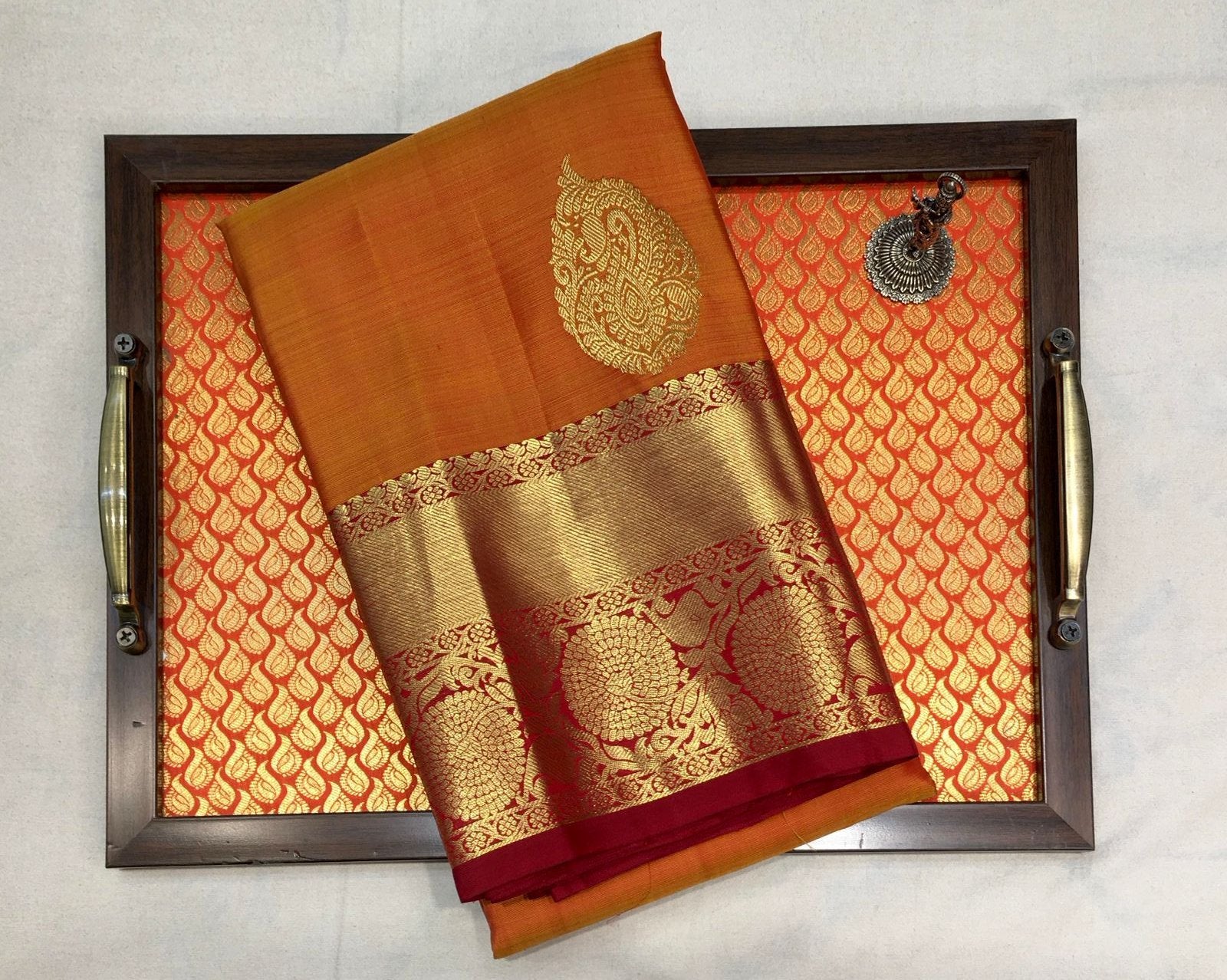 Dark Mustard Kanjivaram Silk Saree With Plum Pallu