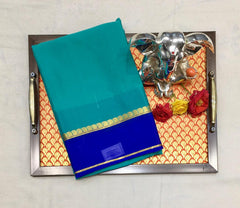 Deep Aqua Blue Mysore Silk Saree With Royal Blue Pallu