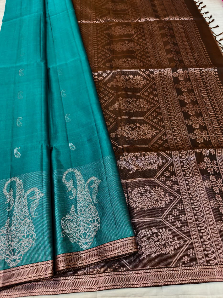 Deep Aqua Soft Silk Saree with Dark Brown Pallu